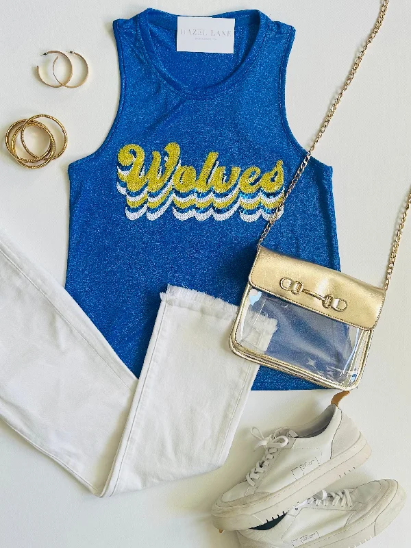Wolves Script Glitter Tank- Blue soft tank top