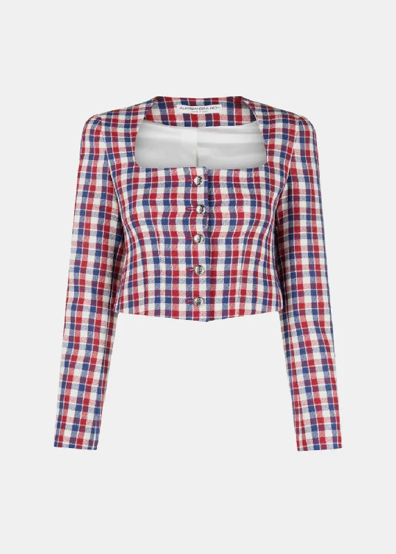 Blue/Red Checked Squared Neck Jacket Wool Jacket Cashmere Jacket Tweed Jacket