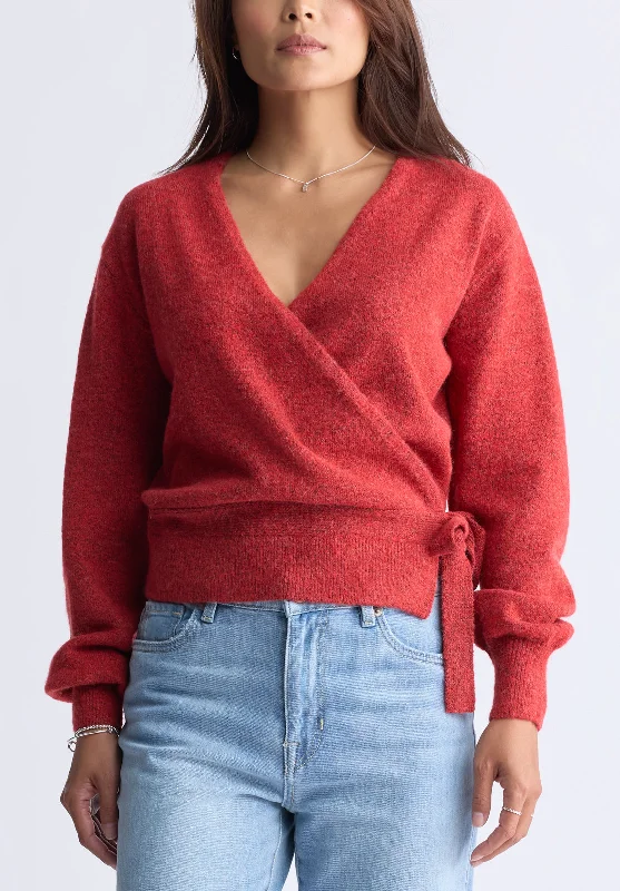 Jadis Women’s Long Sleeve Wrap Sweater, Red - SW0099H Fitted Slim Tailored
