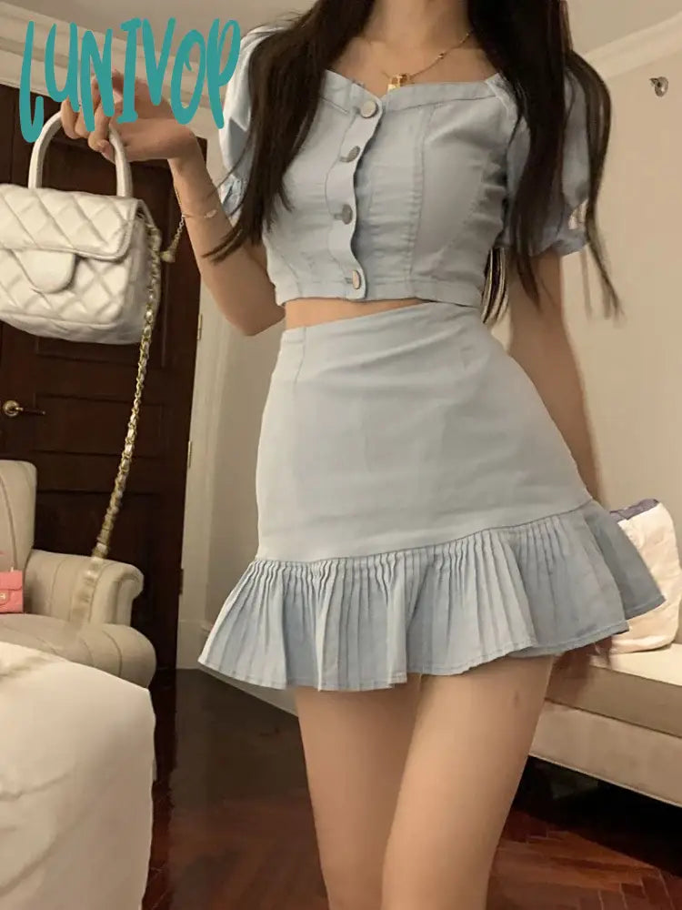 Lunivop Summer Blue Kawaii Two Piece Skirt Set Women Solid Designer Party Mini Skirt Suit Female Korean Fashion Elegant Sweet Set velvet skirt rich