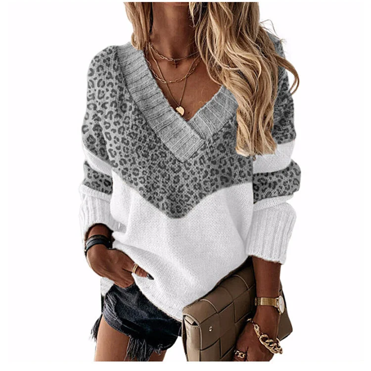 Color-blocking Striped Sweater Autumn And Winter Leopard Print New Style Hooded Caped Shawl Collar