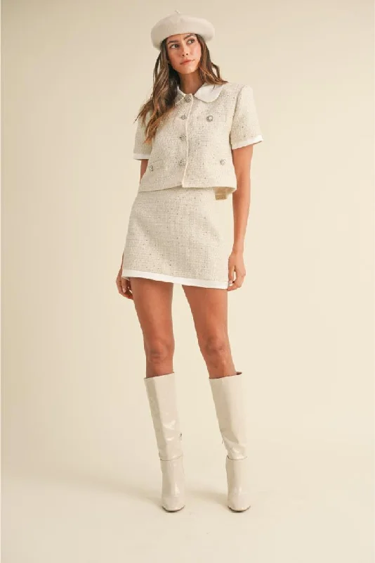 Danielle Sequin Tweed Contrast Jacket & Skirt Set (Sold Separately) - Ivory Nylon Jacket Polyester Jacket Spandex Jacket