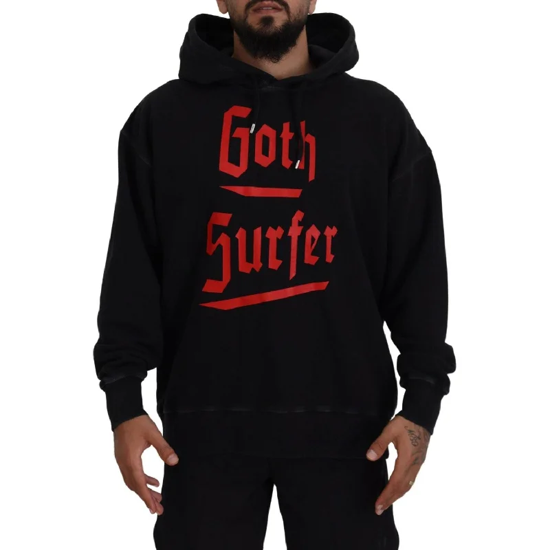 Dsquared² Black Cotton Hooded Printed Men Pullover Sweater Chenille Soft Sweater