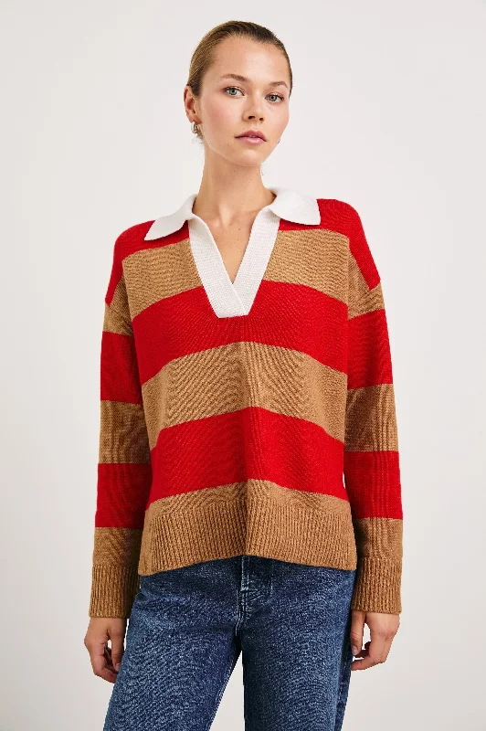 HARRIS SWEATER - CHERRY CAMEL STRIPE Spandex Rayon Corduroy