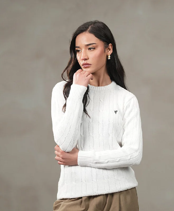 White Cable Knit Sweater (Women) Zippered Front Buttoned Front Snap Front