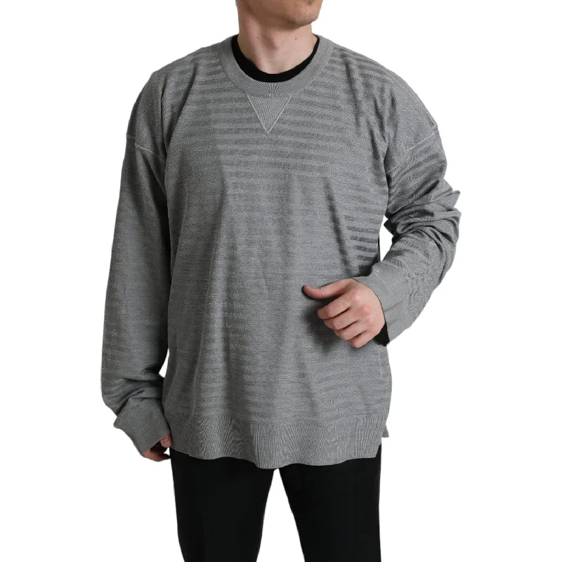 Dolce & Gabbana Elegant Gray Striped Silk Crewneck Pullover Ruffled Neck Pullover