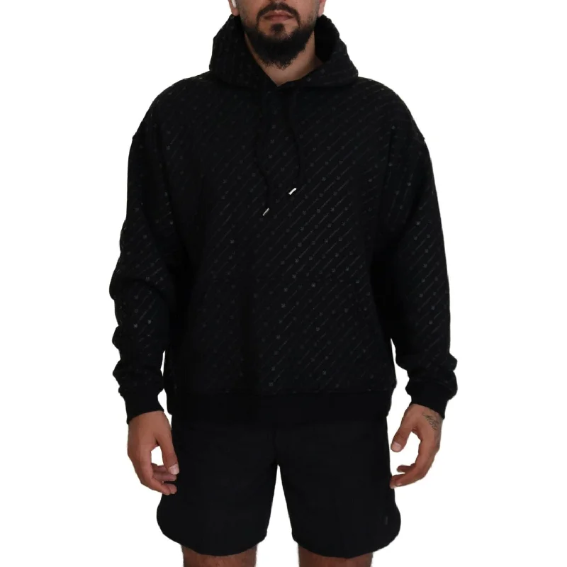 Dsquared² Black Cotton Hooded Printed Men Pullover Sweater Fitted Ribbed Sweater