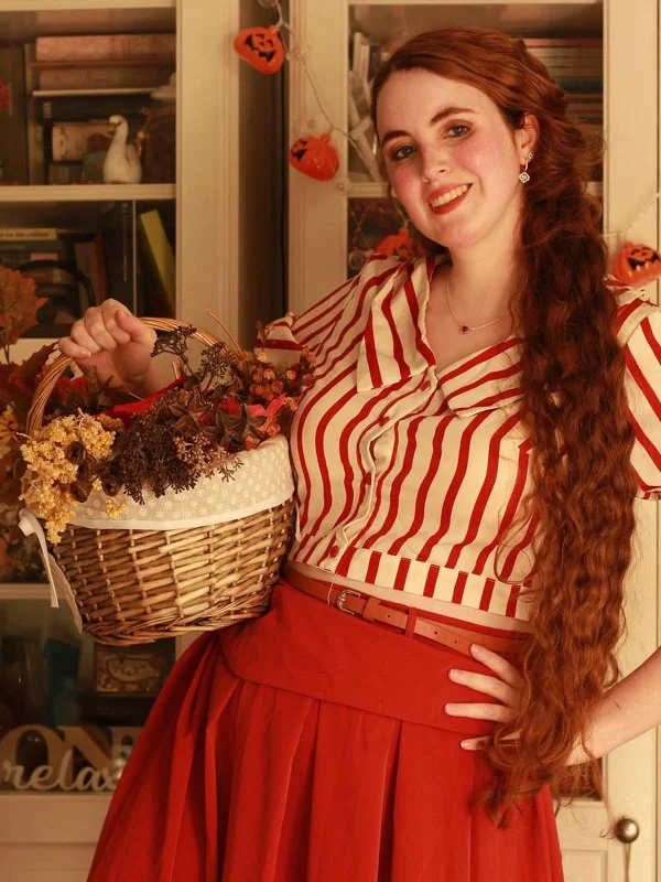 2PCS Orange Red 1950s Striped Blouse & Pleated Skirt leather skirt modern