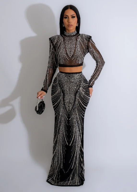 Holly Nights Mesh Sequin Pearls Skirt Set Black denim skirt fashionable