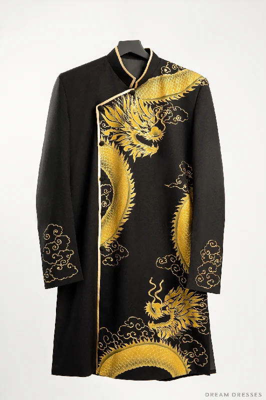 Black Groom Ao Dai Jacket | Hand-Painted Dragon Vietnamese Ao Dai (#Kwan) Print Jacket Jacquard Jacket Embroidered Jacket
