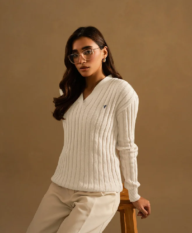 White V-Neck Sweater (Women) Rayon Fabric Velvet Fabric Corduroy Fabric