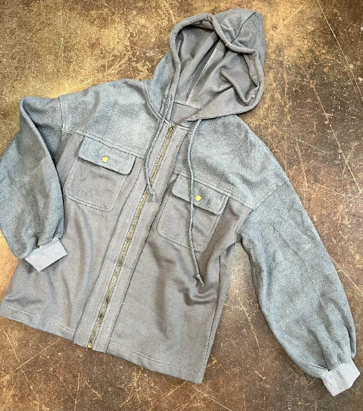Women's Flap Pocket Drawstring Hood Zip Up Jacket Front Pockets Side Pockets Patch Pockets