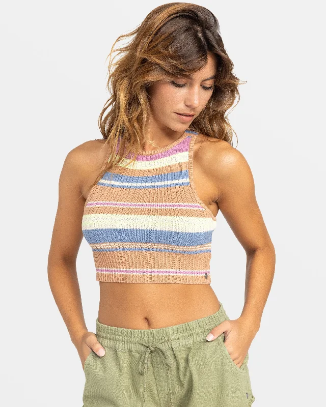 Fresh Moon Cropped Sweater Top - Camel Swithbackstripe Sweaters Ribbed Striped Patterned