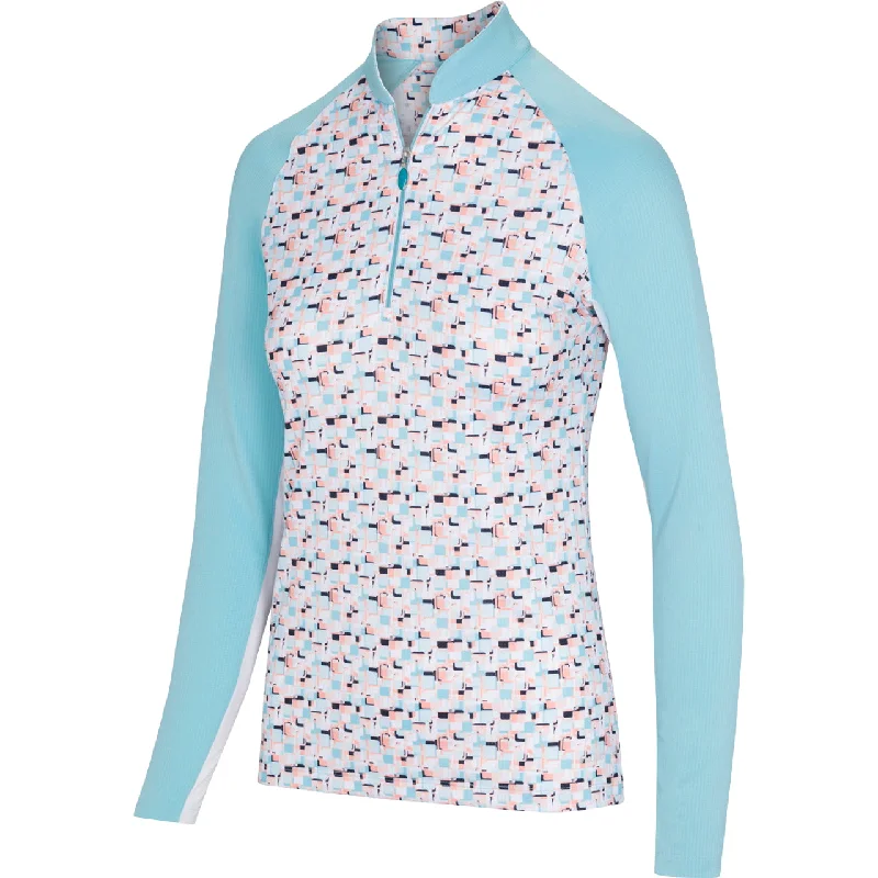 Greg Norman Women's Solar XP Prism Print 1/4 Zip Stretch Mock Pullover Boat Neck Sweater