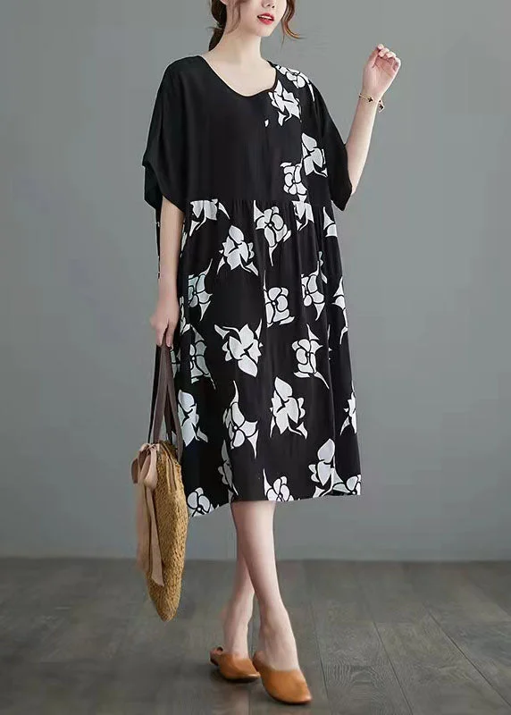 Fashion Black Cotton Blend Tops Plus Size Clothing Cotton Blend Clothing Tops Vintage Prints O Neck Natural Cotton Blend Pullover dolman Sleeve Top
