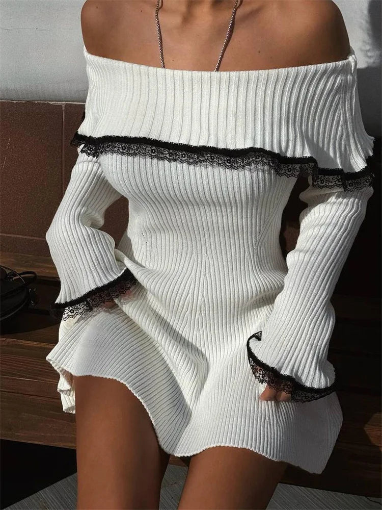 TAVIMART  -  Knit Off-Shoulder Sweater Mini Dress Women's Lace Patchwork Ribbed Slim Backless Elegant Party Dress Knitwear Mini Dress Solid Color Striped Floral Print