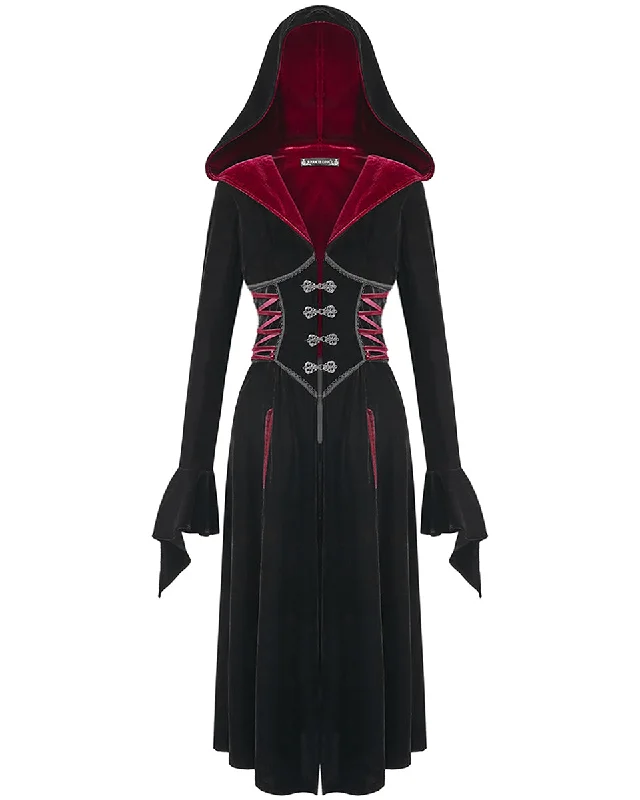 Dark In Love Womens Gothic Cloak Jacket Black Red Velvet Hooded Witch Vampire V-Neck Jacket Boat Neck Jacket Square Neck Jacket