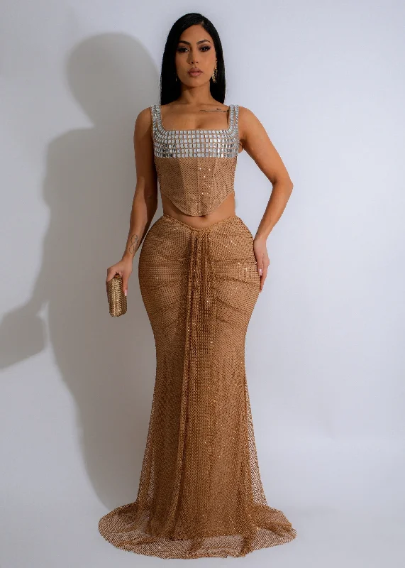 Celestial Glimmer Rhinestones Ruched Skirt Set Nude chiffon skirt airy
