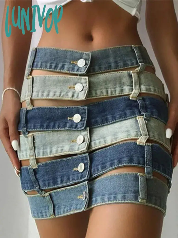Lunivop Denim Colorblock Skirt for Women High Waist Hollow Out Patchwork Pockets Skirts Female Summer Fashion  Club Clothing Gothic velvet skirt plush
