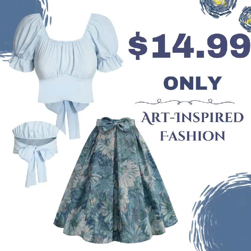 Retro Blue 1950s Lotus Painting Bow Skirt wool skirt sturdy