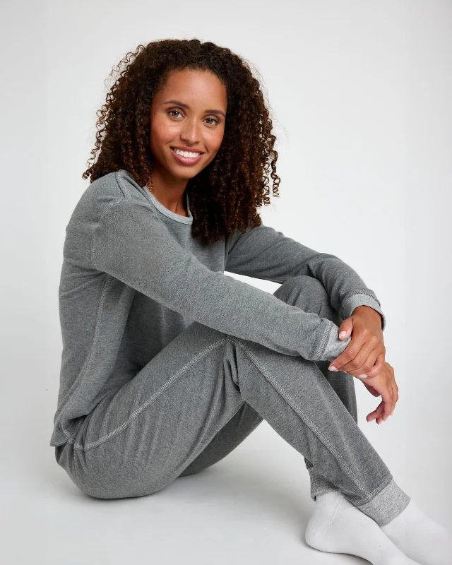 Charcoal Heather Long Sleeve Pullover & Jogger PJ Set Faux Fur Trim