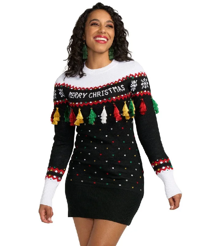 Women's Merry Christmas Tassel Sweater Dress Tailored Straight A-Line