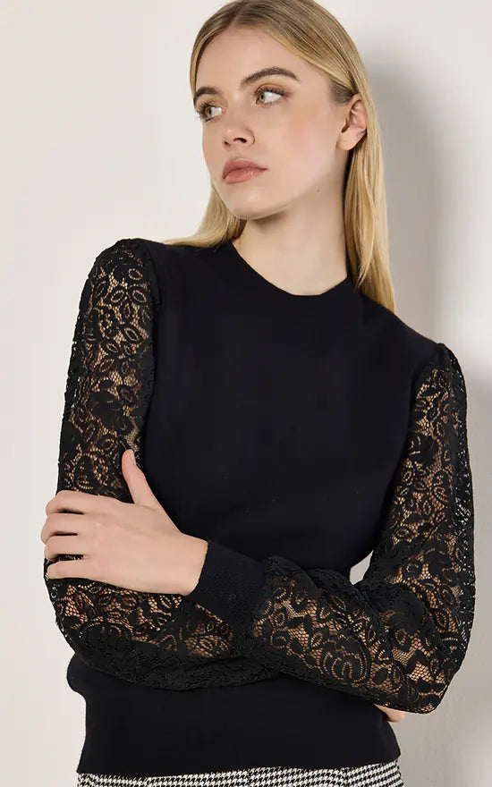 Crew Neck Sweater with Lace Sleeves Oversized Loose Flowy