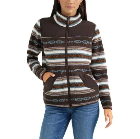 Women's Wrangler Retro Full Zip Sherpa Jacket - Chocolate and Steel Blue Notch Collar Jacket Peter Pan Collar Jacket Cowl Neck Jacket