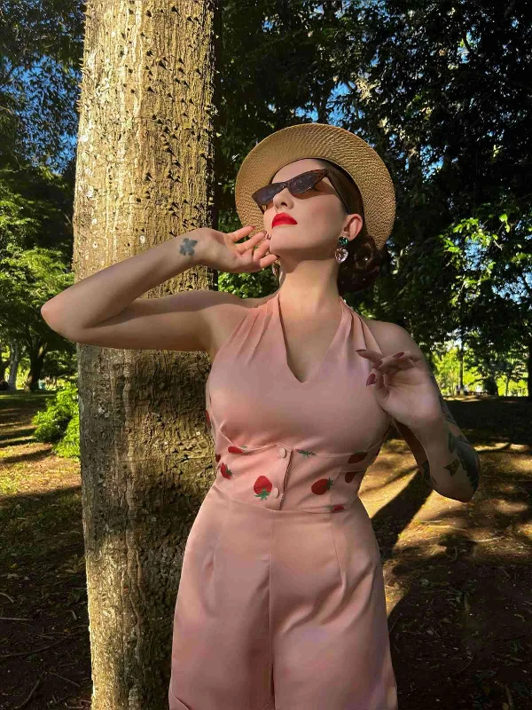 2PCS Pink 1950s Halter Strawberry Romper & Umbrella Skirt silk skirt luxurious