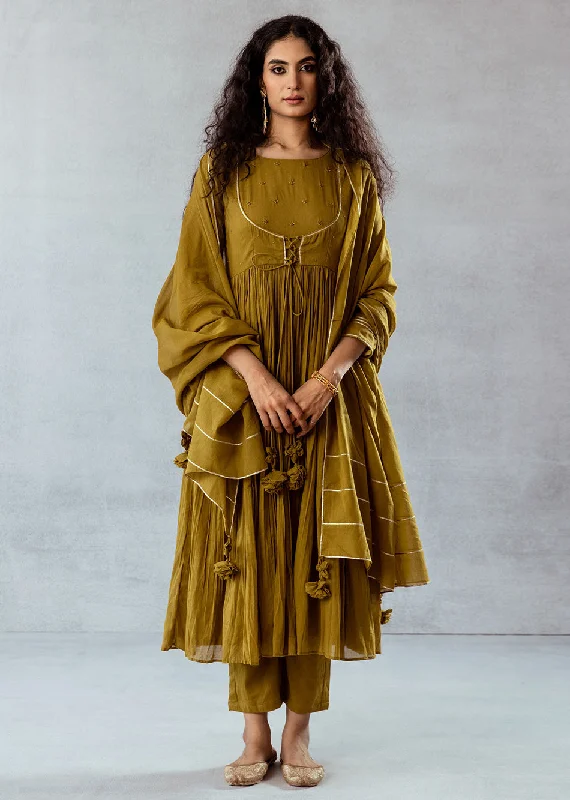 Avocado Green Mulmul & Cotton Jacket Anarkali Suit Set