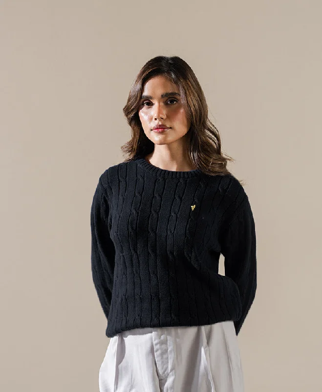 Black Cable Knit Sweater (Women) Hooded Sweater Collared Sweater Shawl Collar