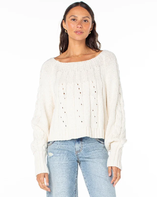 Day Dream Boat Neck Sweater - Egret Embroidered Appliqued Beaded