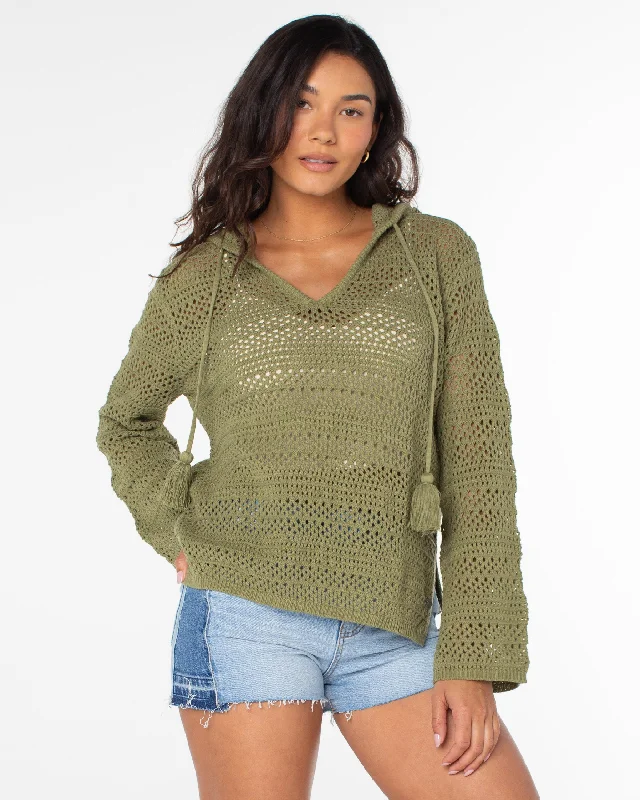 Hippie Love Open Knit Hooded Sweater - Oil Green Welt Pockets Slit Pockets Flap Pockets