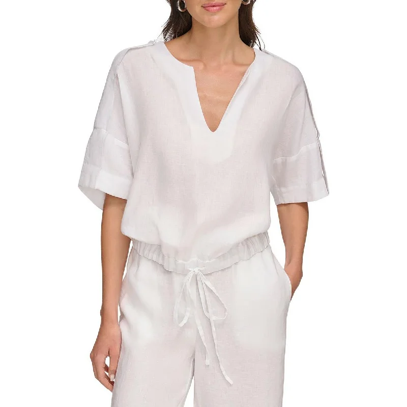 DKNY Womens Split-Neck Waistband Pullover Top