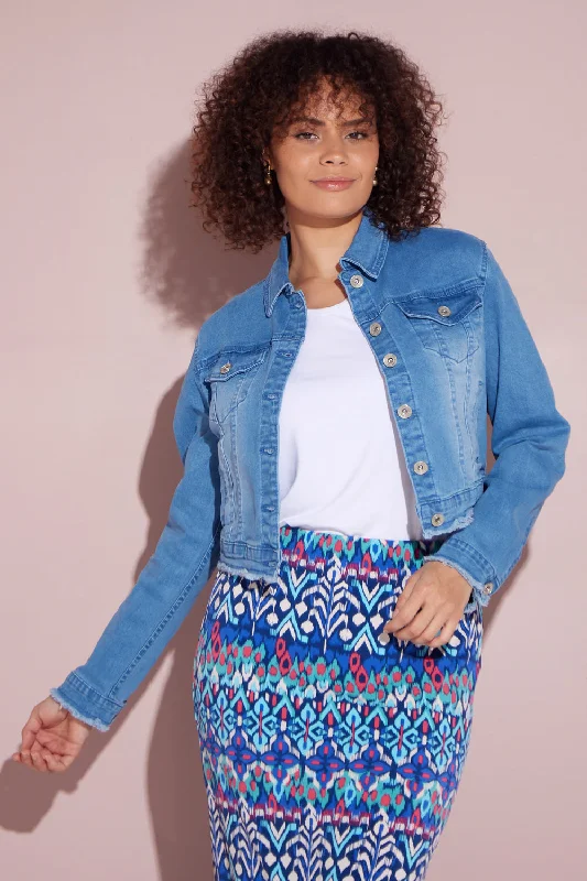 Echo Cropped Denim Jacket - Blue Wash V-Neck Jacket Boat Neck Jacket Square Neck Jacket