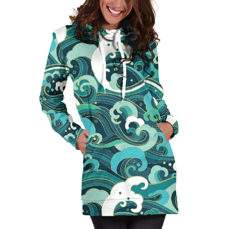 Deep Sea Wave Surfing Pattern Print Pullover Hoodie Dress