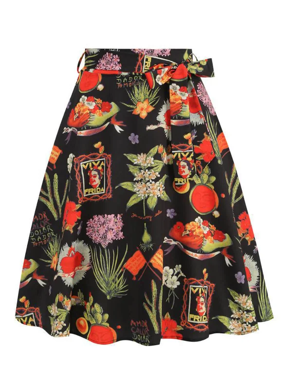 Multicolor 1950s Frida Floral A-Line Skirt athletic skirt fit
