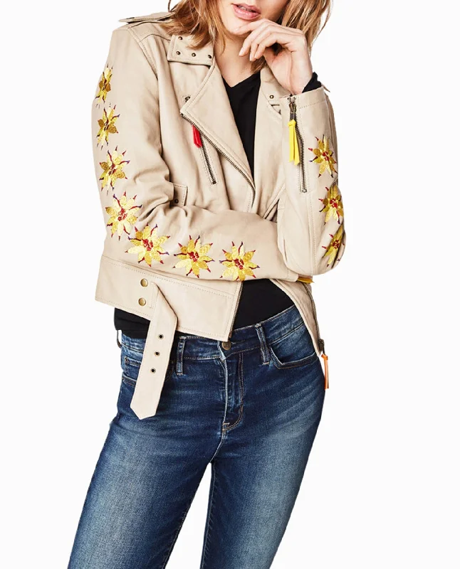 Nicole Miller Amazon Embroidered Moto Jacket Zippered Front Buttoned Front Snap Front