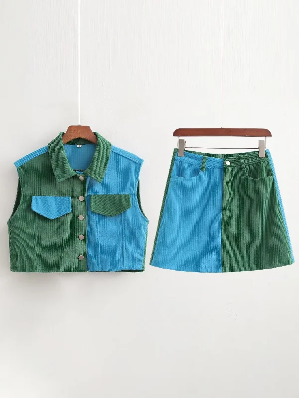 Summer Retro Solid Color Corduroy Set Adjustable High Waist Waist Wide Skirt zip skirt side