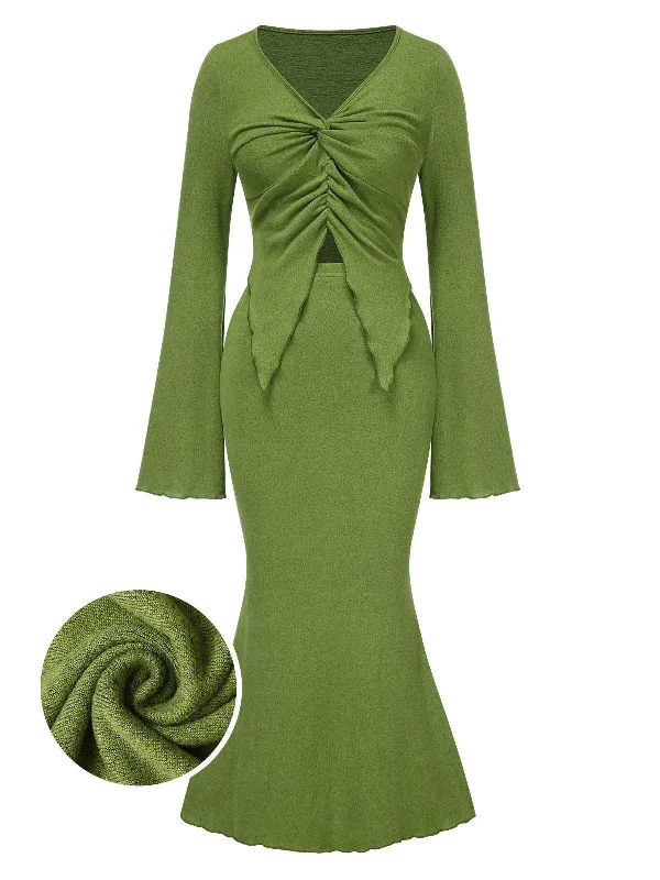 2PCS Olive Green 1930s V-Neck Top & Mermaid Skirt relaxed fit skirt