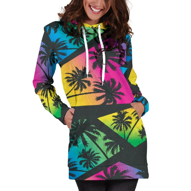 EDM Beach Palm Tree Pattern Print Pullover Hoodie Dress