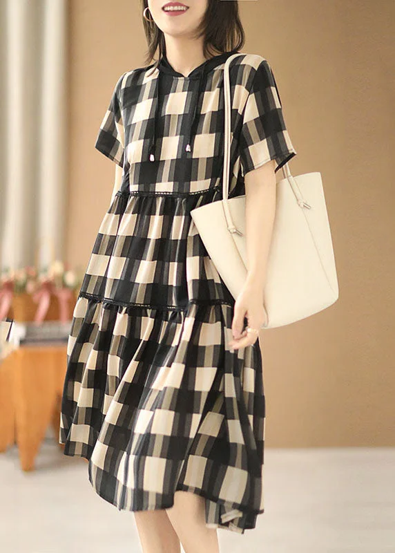 Plus Size Black Beige Plaid Drawstring Hooded Patchwork Cotton Pullover Dress Short Sleeve Besom Neck Pullover