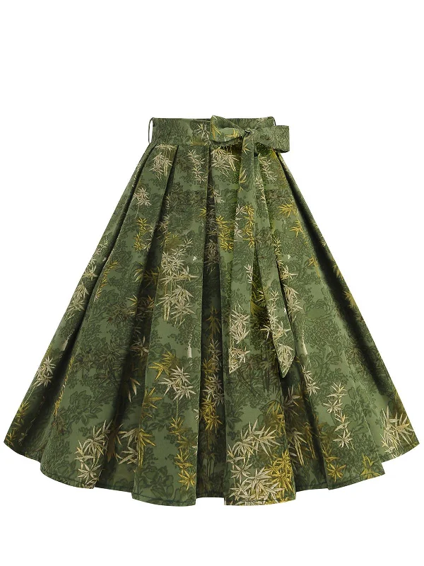 Green 1950s Floral Swing Belted Skirt ribbed skirt waist