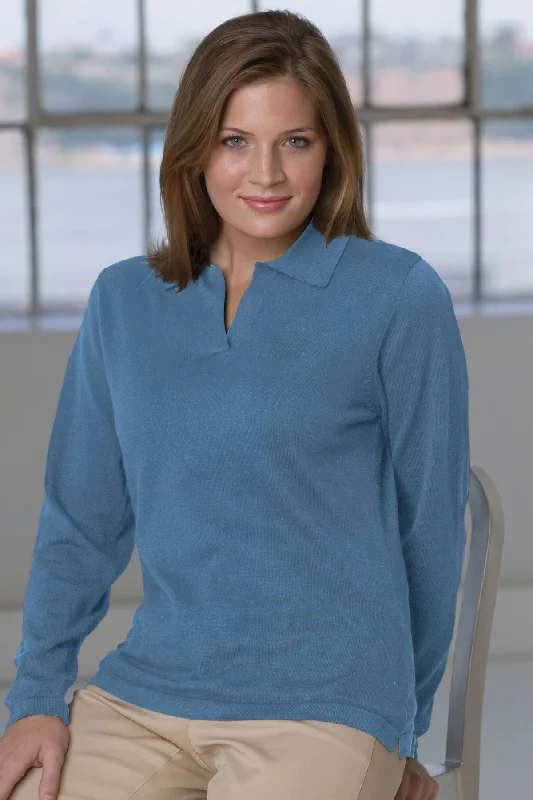 Women's Fine-Gauge Polo Collar Sweater Spandex Blend Rayon Blend Denim Blend