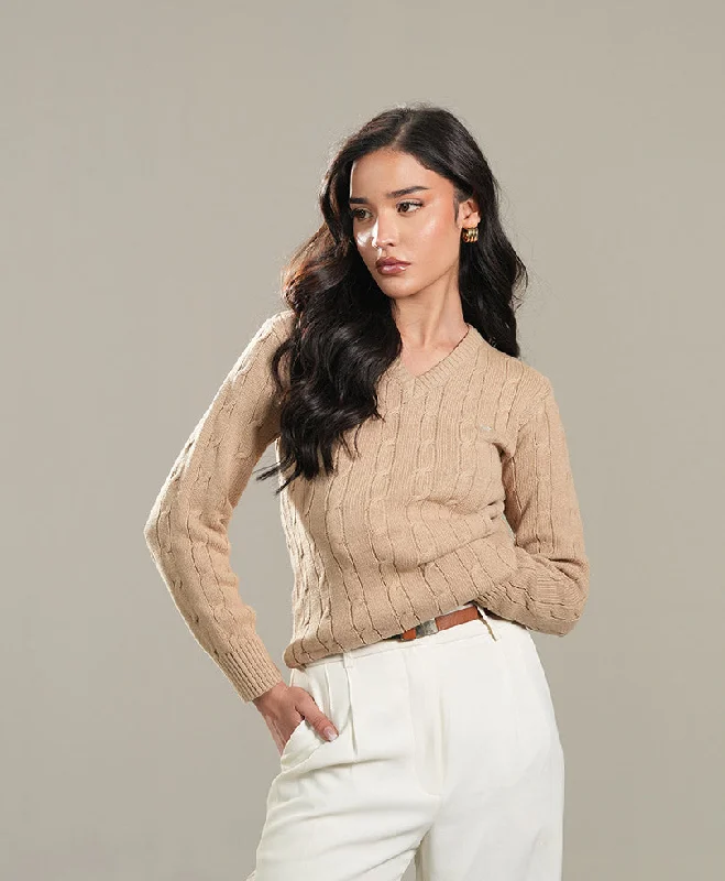 Khaki V-Neck Cable Knit Sweater (Women) Boat Neck Shawl Collar Notched Collar