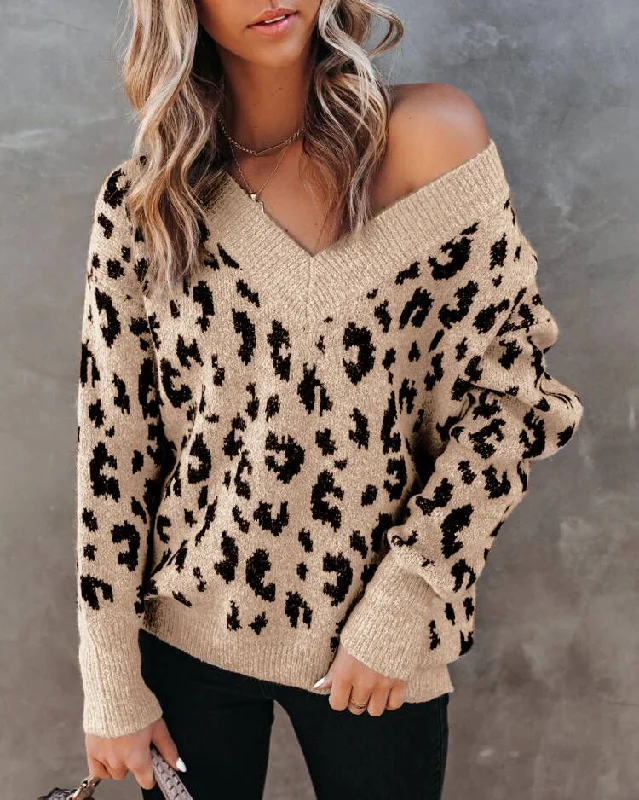 Loose Casual V-neck Strapless Leopard Print Core-spun Yarn Sweater Lace Blend Ribbed Blend Corduroy Blend