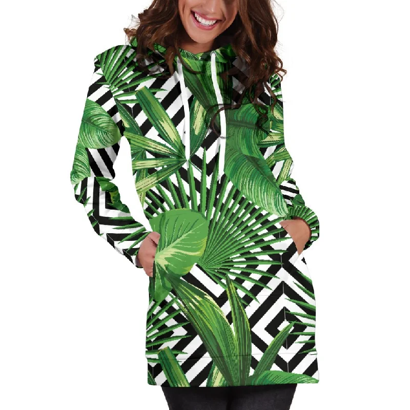 Exotic Tropical Leaves Pattern Print Pullover Hoodie Dress