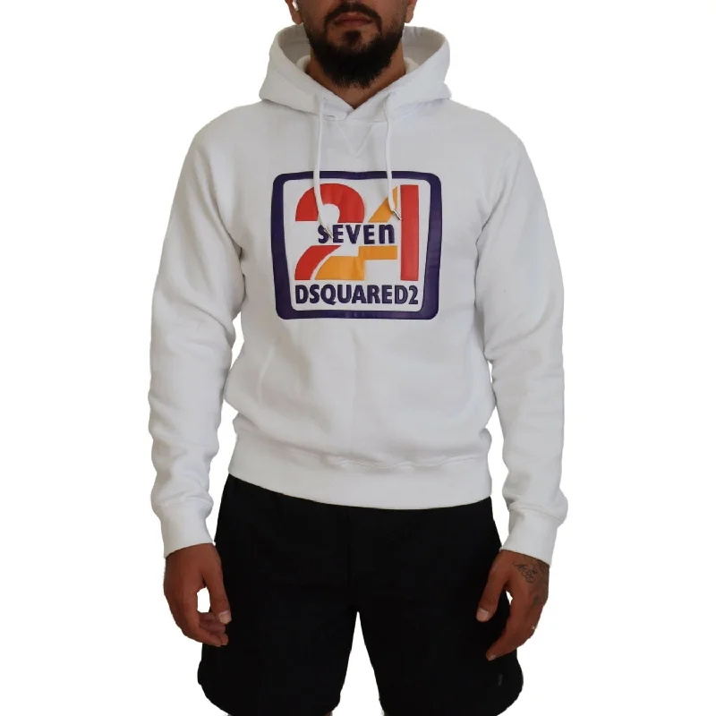 Dsquared² White Cotton Hooded Printed Men Pullover Sweater Thick Cable Knit