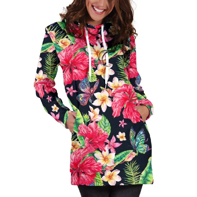 Exotic Hibiscus Flowers Pattern Print Pullover Hoodie Dress