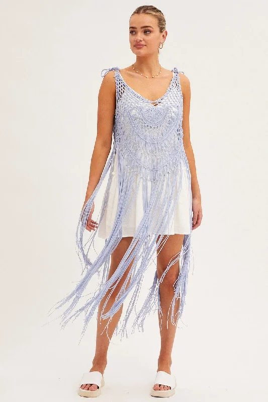 Blue Crochet Beach Pullover Dress Cover Up Lantern Sleeve Elegant